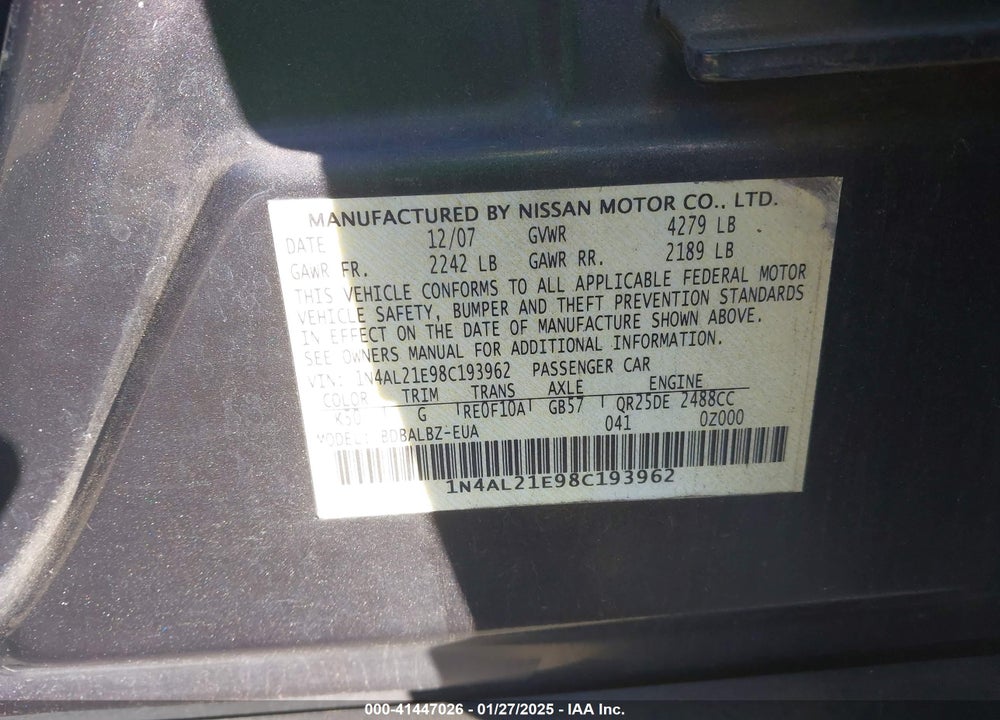2008 NISSAN ALTIMA VIN: 1N4AL21E98C193962