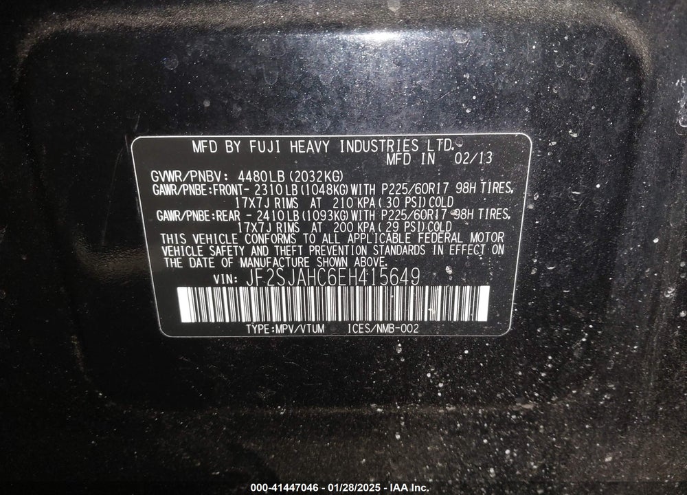 2014 SUBARU FORESTER VIN: JF2SJAHC6EH415649