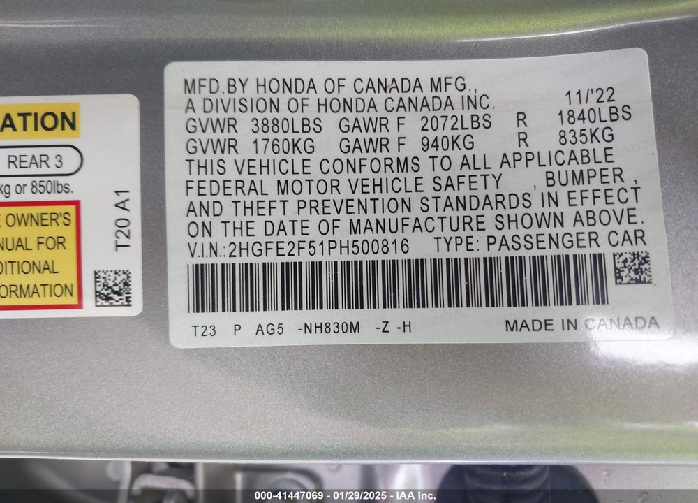 2023 HONDA CIVIC SPORT VIN: 2HGFE2F51PH500816