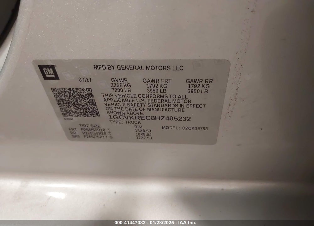 2017 CHEVROLET SILVERADO 1500 VIN: 1GCVKREC8HZ405232