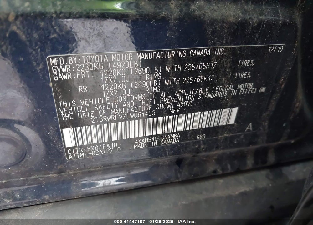 2020 TOYOTA RAV4 HYBRID XLE VIN: 2T3RWRFV7LW064453