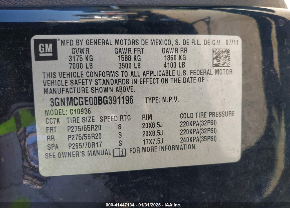 2011 CHEVROLET AVALANCHE 1500 LTZ VIN: 3GNMCGE00BG391196
