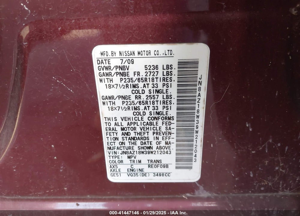 2009 NISSAN MURANO SL VIN: JN8AZ18W39W212043