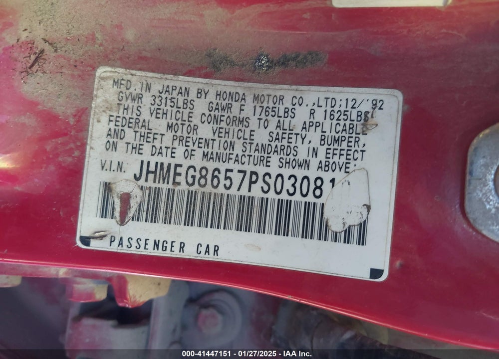 1993 HONDA CIVIC LX VIN: JHMEG8657PS030810