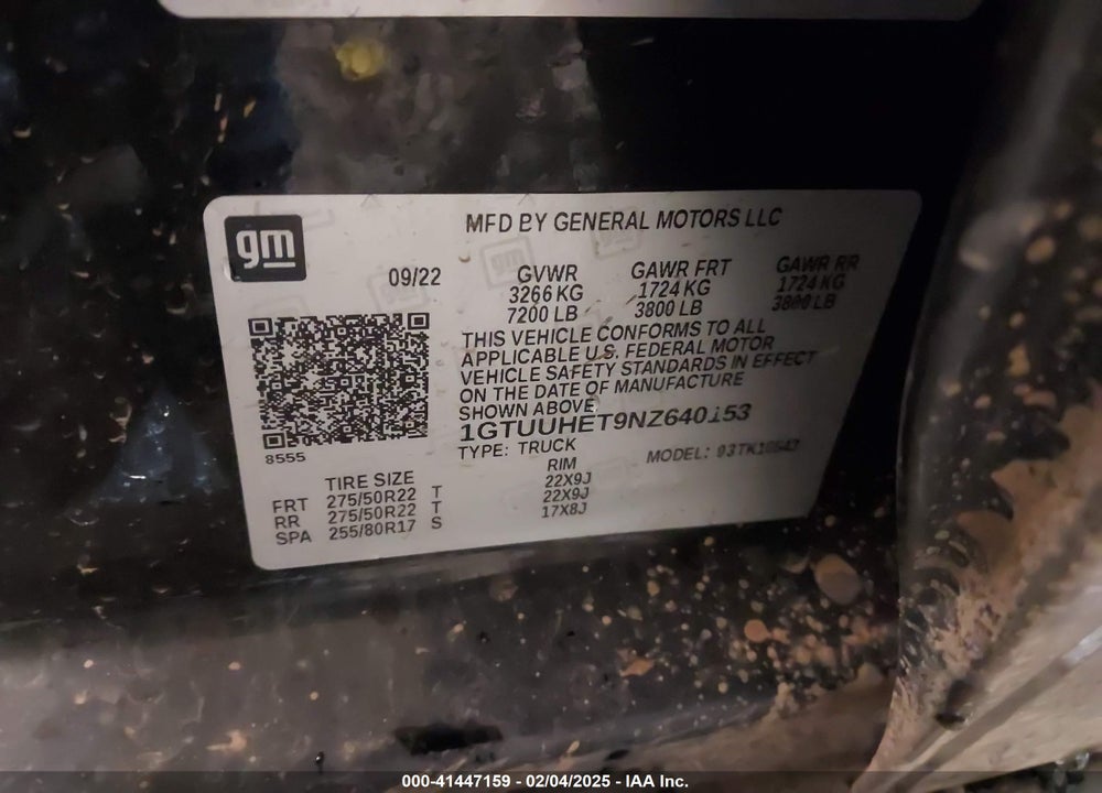 2022 GMC SIERRA 1500 VIN: 1GTUUHET9NZ640153