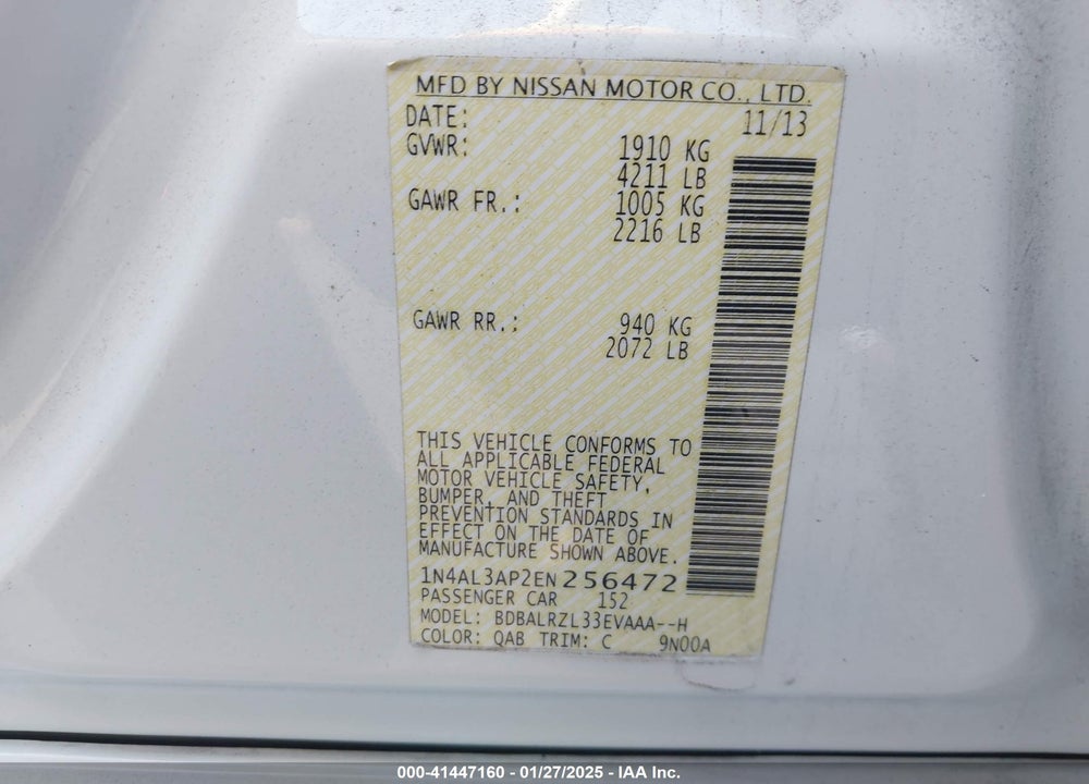 2014 NISSAN ALTIMA VIN: 1N4AL3AP2EN256472