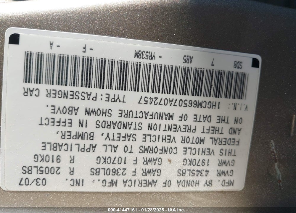 2007 HONDA ACCORD 3.0 EX VIN: 1HGCM66507A072457
