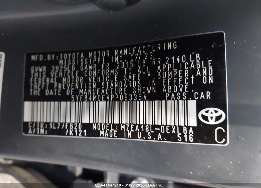 2023 TOYOTA COROLLA VIN: 5YFB4MDE4PP063354