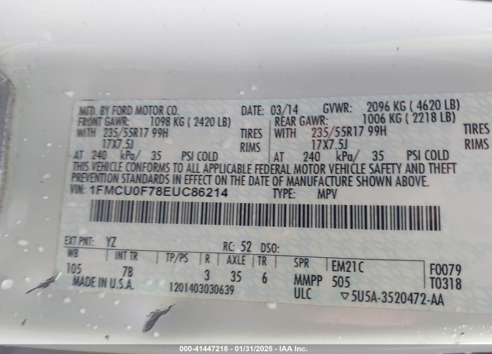2014 FORD ESCAPE S VIN: 1FMCU0F78EUC86214