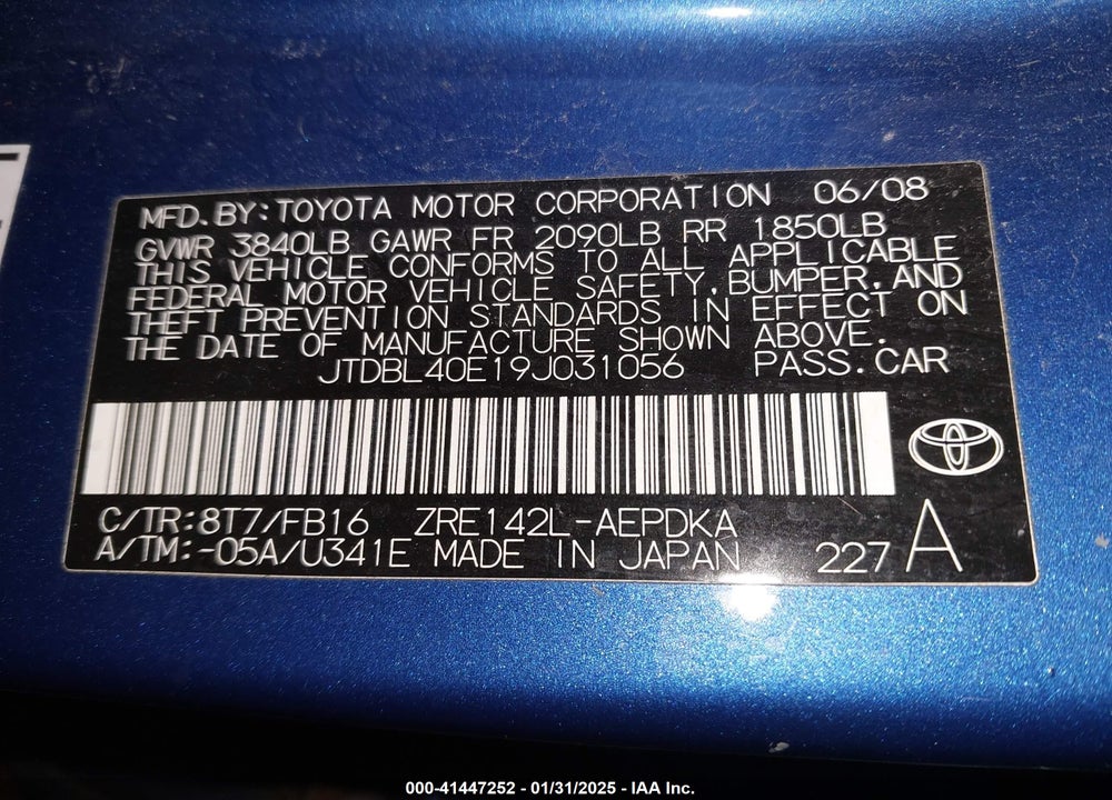 2009 TOYOTA COROLLA VIN: JTDBL40E19J031056