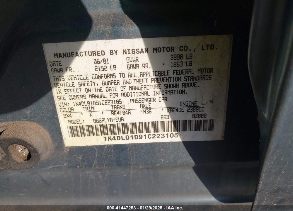 2001 NISSAN ALTIMA SE VIN: 1N4DL01D91C223105