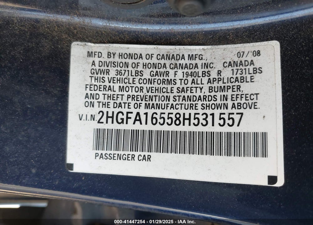 2008 HONDA CIVIC VIN: 2HGFA16558H531557