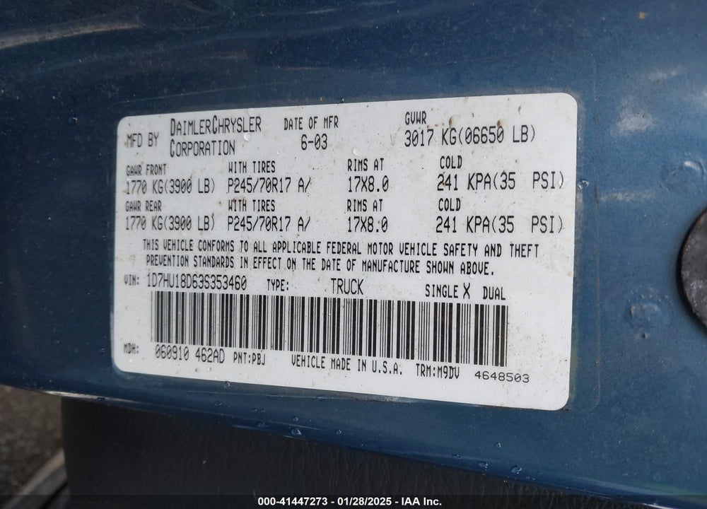 2003 DODGE RAM 1500 SLT/LARAMIE/ST VIN: 1D7HU18D63S353460