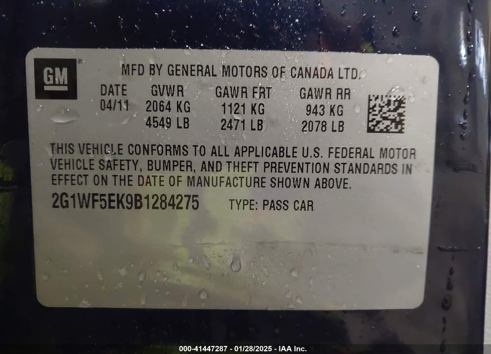 2011 CHEVROLET IMPALA VIN: 2G1WF5EK9B1284275