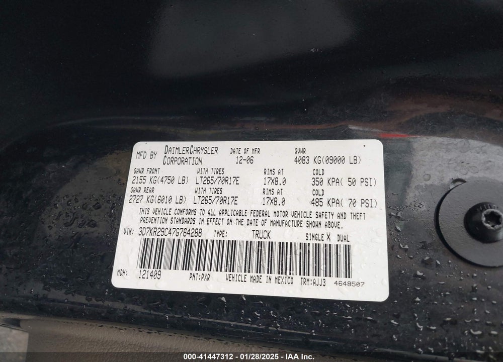 2007 DODGE RAM 2500 VIN: 3D7KR29C47G764288