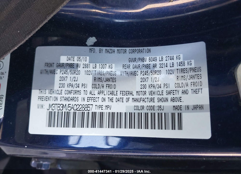 2010 MAZDA CX-9 GRAND TOURING VIN: JM3TB3MV5A0228857
