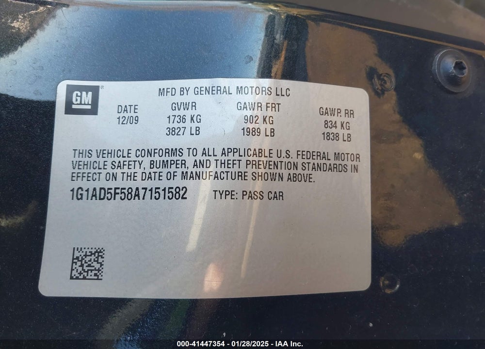 2010 CHEVROLET COBALT VIN: 1G1AD5F58A7151582