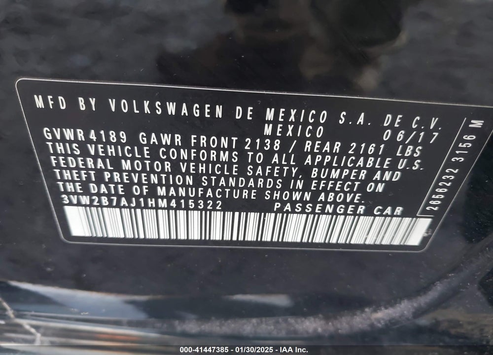 2017 VOLKSWAGEN JETTA VIN: 3VW2B7AJ1HM415322