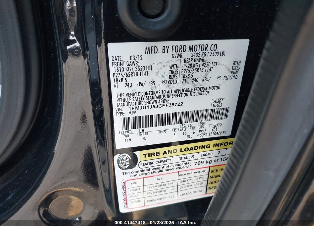 2012 FORD EXPEDITION XLT VIN: 1FMJU1J53CEF38722