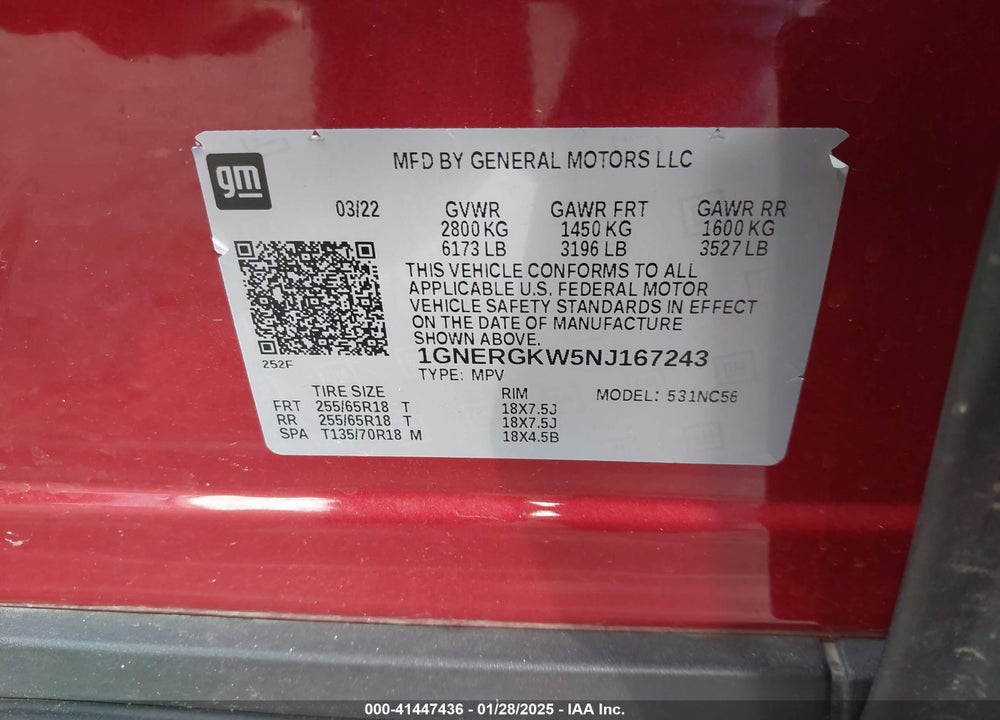 2022 CHEVROLET TRAVERSE FWD LT CLOTH VIN: 1GNERGKW5NJ167243