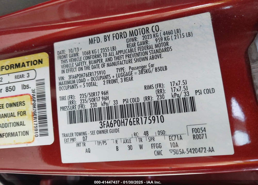 2014 FORD FUSION VIN: 3FA6P0H76ER175910
