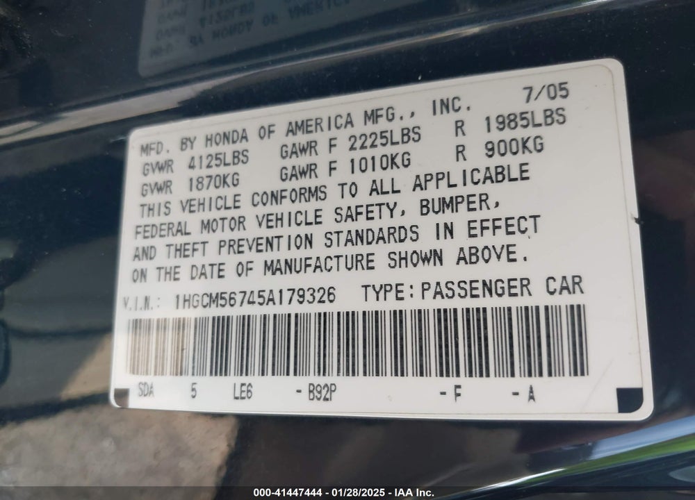 2005 HONDA ACCORD 2.4 EX VIN: 1HGCM56745A179326