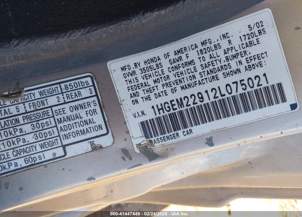 2002 HONDA CIVIC EX VIN: 1HGEM22912L075021
