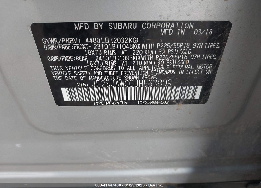 2018 SUBARU FORESTER 2.5I TOURING VIN: JF2SJAWC0JH563809