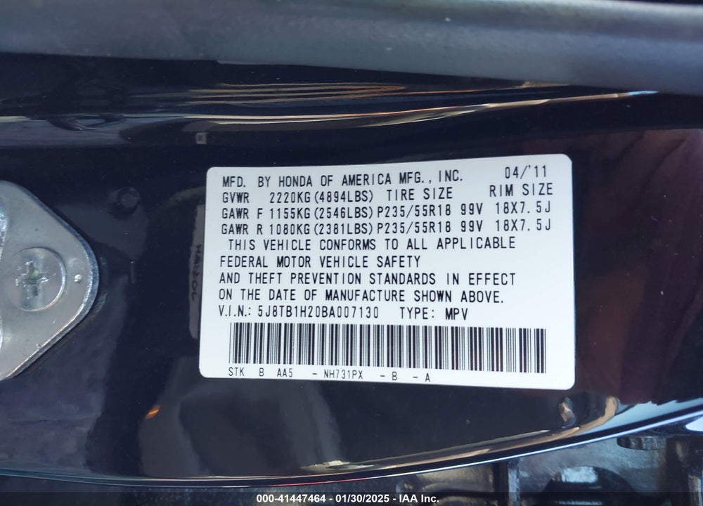 2011 ACURA RDX VIN: 5J8TB1H20BA007130