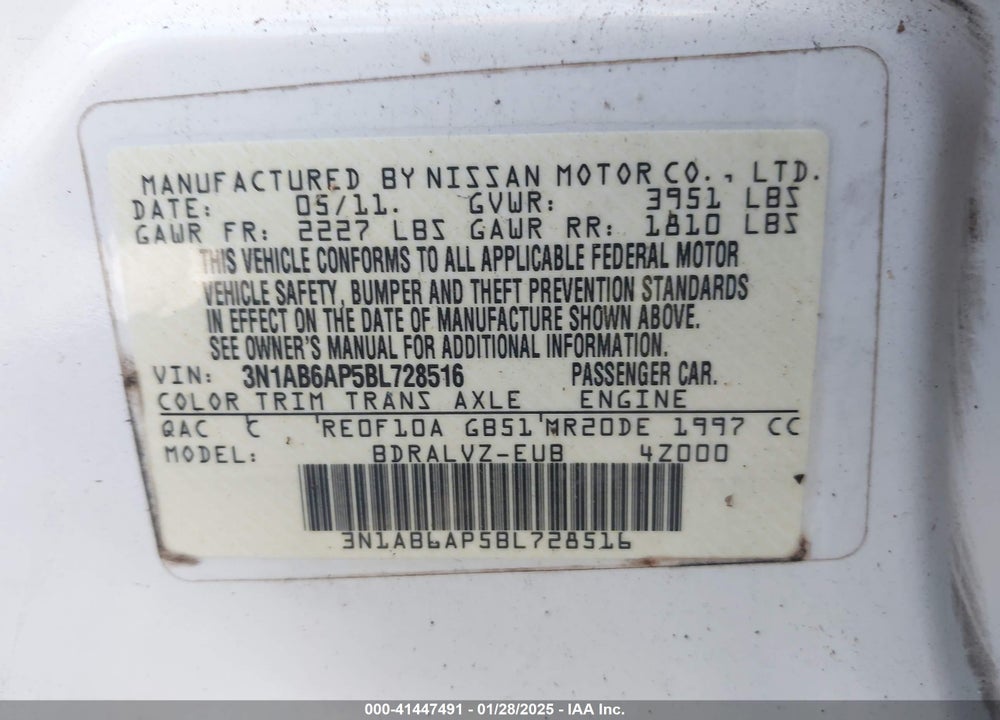 2011 NISSAN SENTRA VIN: 3N1AB6AP5BL728516