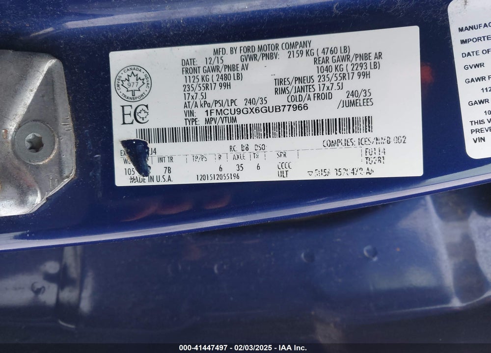 2016 FORD ESCAPE VIN: 1FMCU9GX6GUB77966