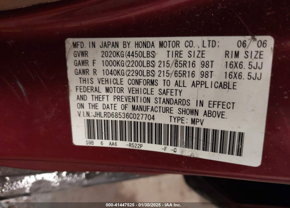 2006 HONDA CR-V VIN: JHLRD68536C027704