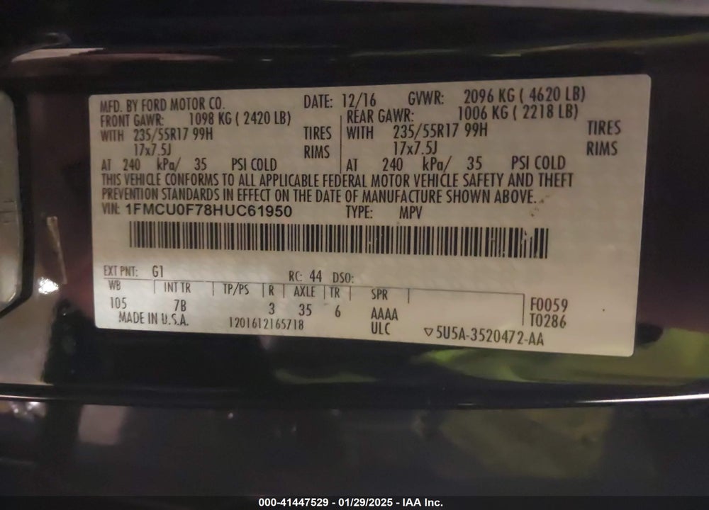 2017 FORD ESCAPE VIN: 1FMCU0F78HUC61950