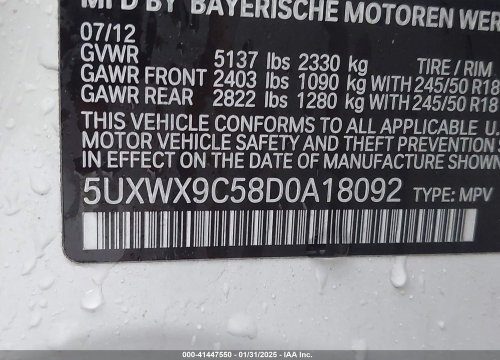 2013 BMW X3 XDRIVE28I VIN: 5UXWX9C58D0A18092
