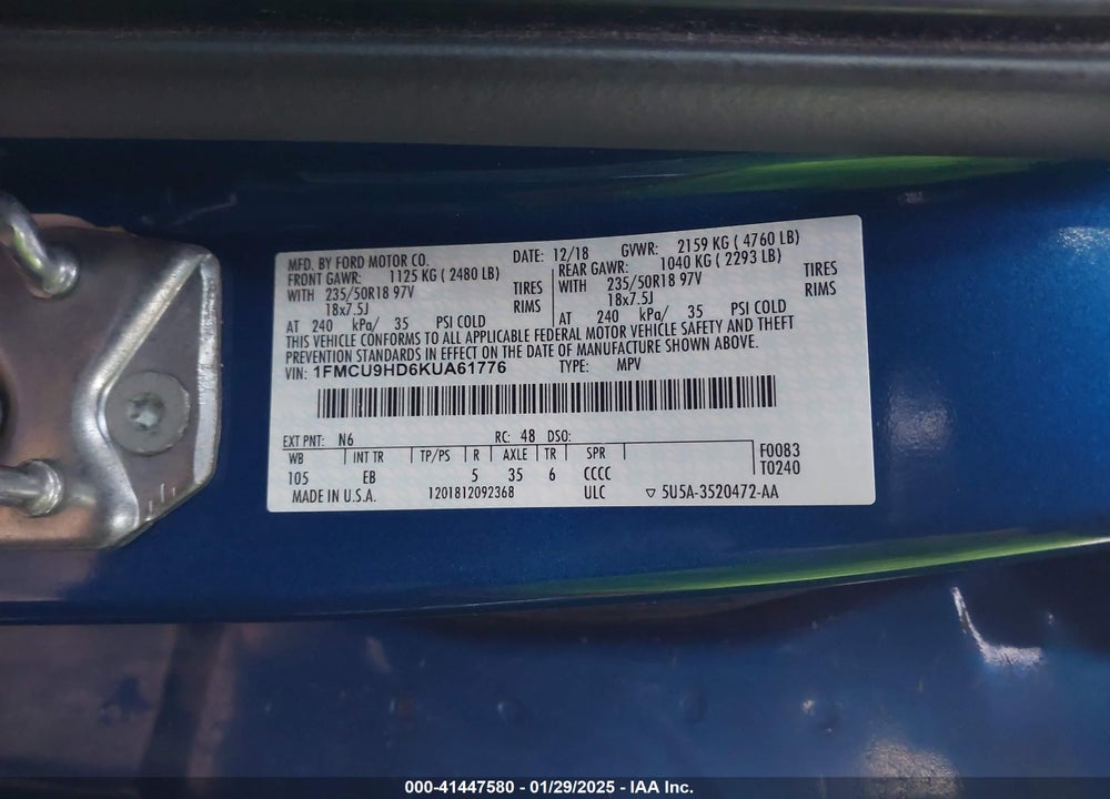 2019 FORD ESCAPE VIN: 1FMCU9HD6KUA61776