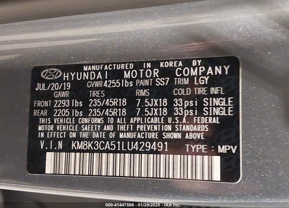 2020 HYUNDAI KONA LIMITED VIN: KM8K3CA51LU429491
