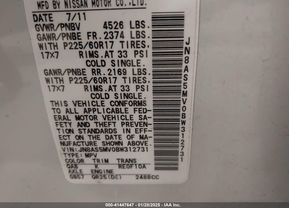 2011 NISSAN ROGUE SV VIN: JN8AS5MV0BW312731