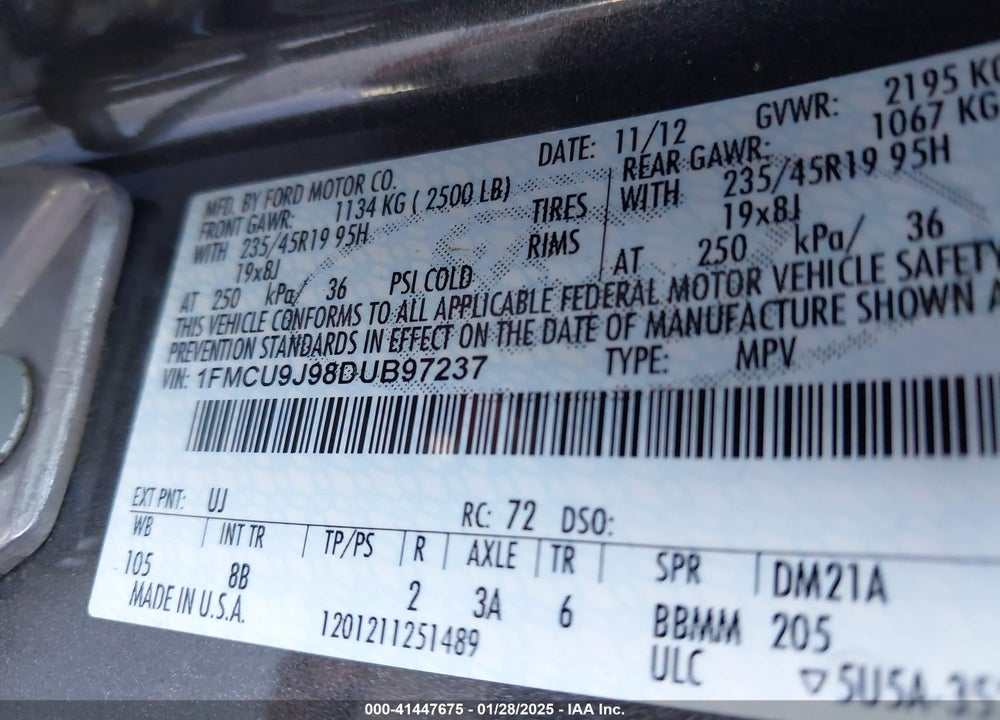 2013 FORD ESCAPE TITANIUM VIN: 1FMCU9J98DUB97237