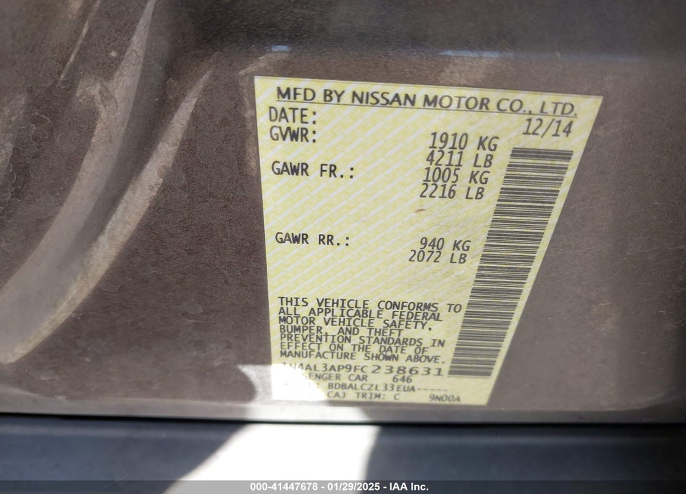 2015 NISSAN ALTIMA VIN: 1N4AL3AP9FC238631