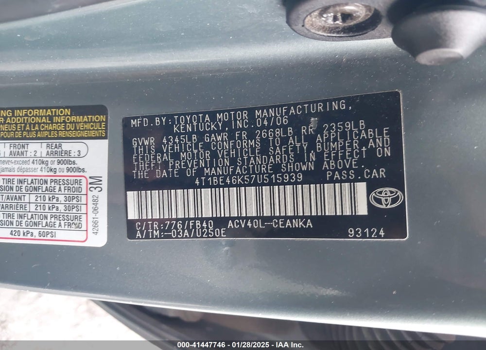 2007 TOYOTA CAMRY VIN: 4T1BE46K57U515939