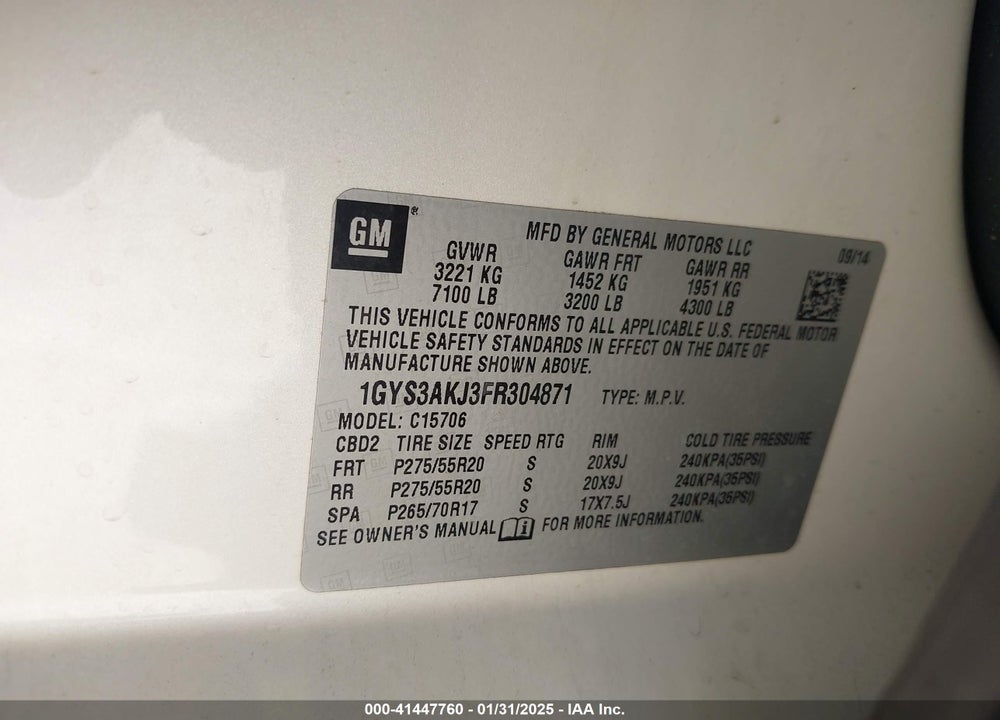2015 CADILLAC ESCALADE VIN: 1GYS3AKJ3FR304871