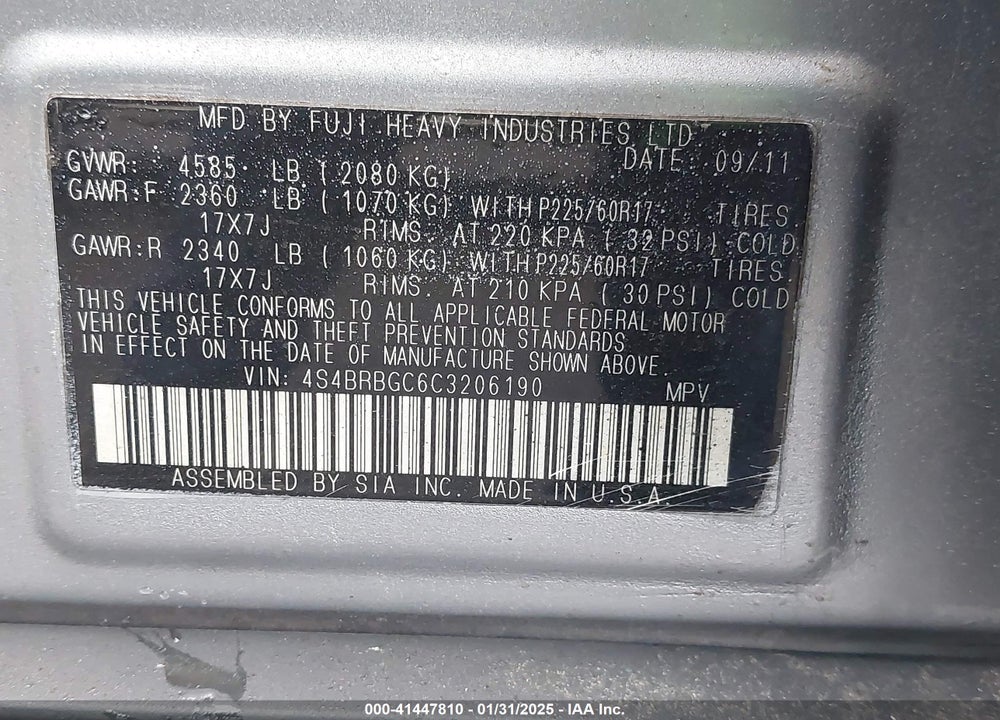 2012 SUBARU OUTBACK 2.5I PREMIUM VIN: 4S4BRBGC6C3206190