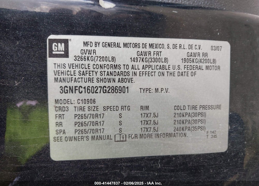 2007 CHEVROLET SUBURBAN 1500 LT VIN: 3GNFC16027G286901