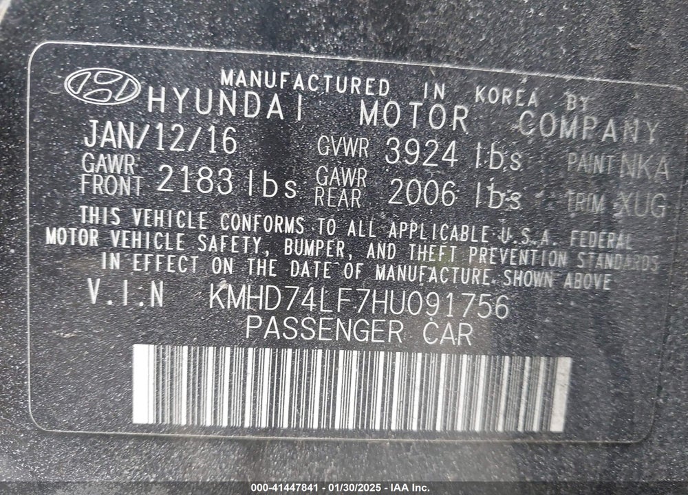 2017 HYUNDAI ELANTRA VIN: KMHD74LF7HU091756