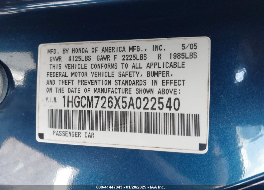 2005 HONDA ACCORD VIN: 1HGCM726X5A022540