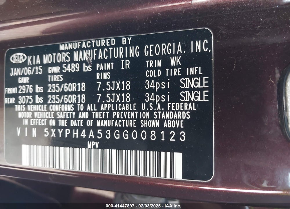2016 KIA SORENTO VIN: 5XYPH4A53GG008123