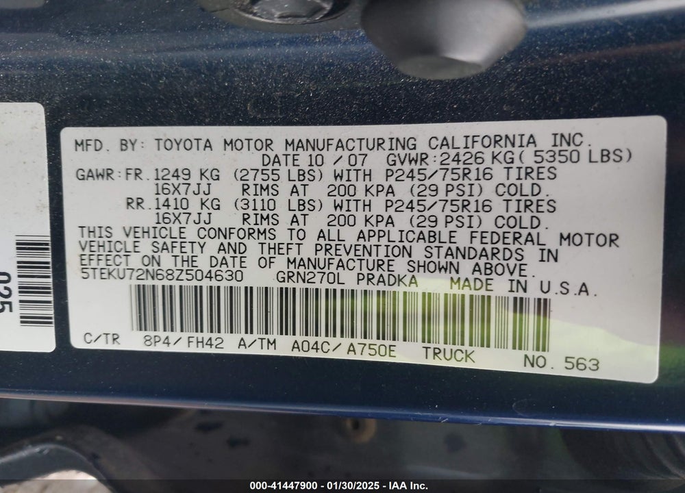 2008 TOYOTA TACOMA PRERUNNER V6 VIN: 5TEKU72N68Z504630