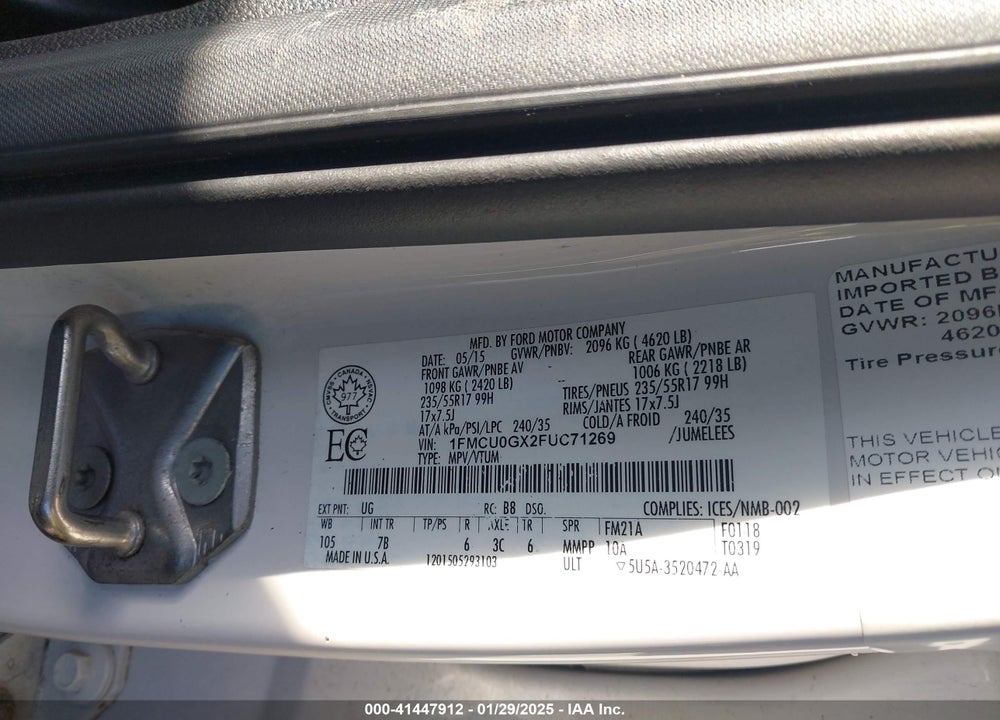2015 FORD ESCAPE SE VIN: 1FMCU0GX2FUC71269