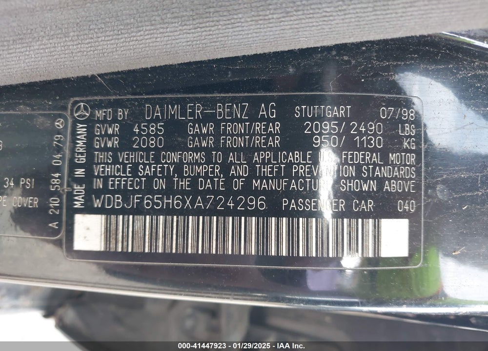1999 MERCEDES-BENZ E 320 VIN: WDBJF65H6XA724296