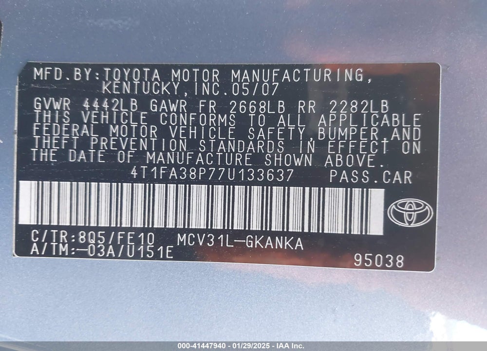 2007 TOYOTA CAMRY SOLARA VIN: 4T1FA38P77U133637